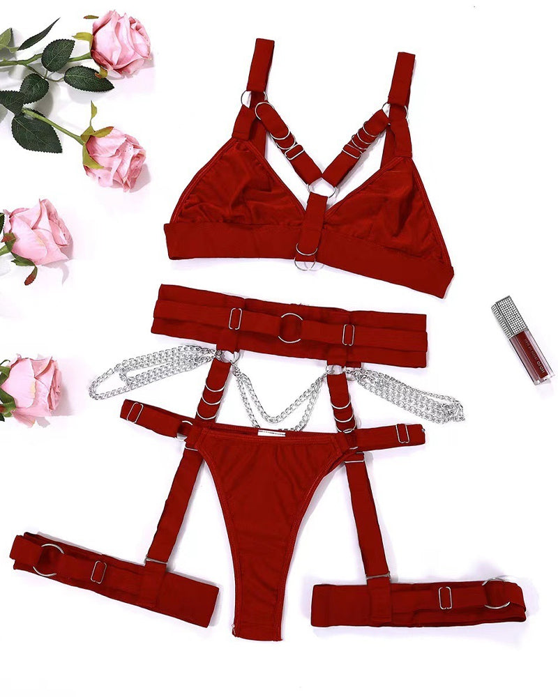 Sexy Metal Chain Binding Waist Seal Leg Ring Adjustment Three-Piece Set