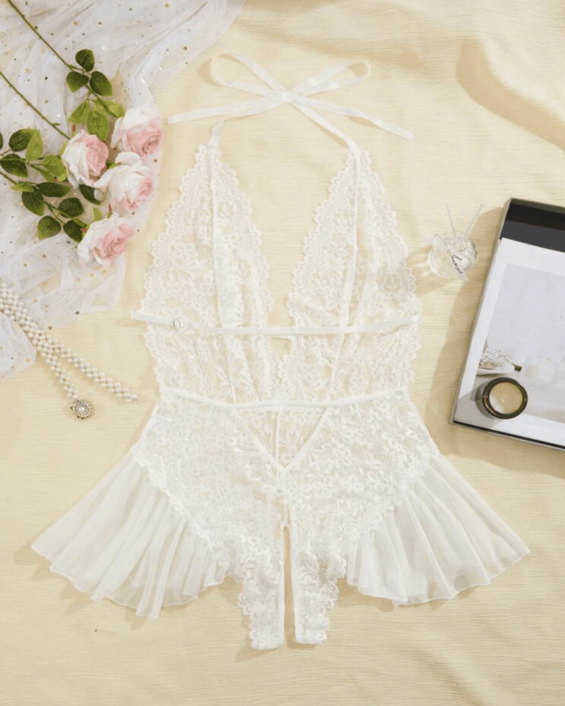 Sexy Hollow Lace See-through Suspenders Open Crotch One-piece Pajamas