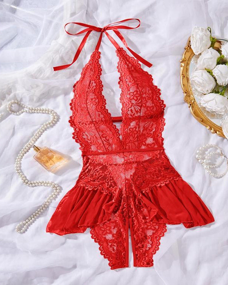 Sexy Hollow Lace See-through Suspenders Open Crotch One-piece Pajamas