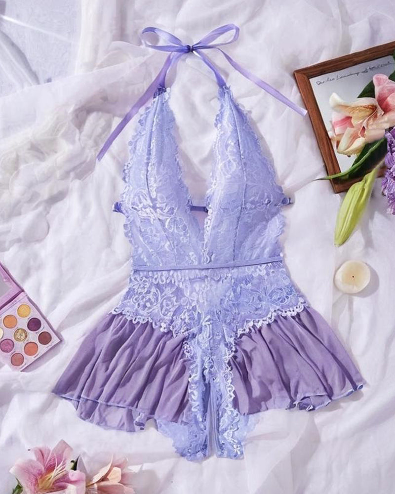 Sexy Hollow Lace See-through Suspenders Open Crotch One-piece Pajamas