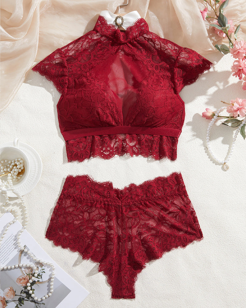 High Neck Lace Sheer Mesh Backless Bra Underwear Set