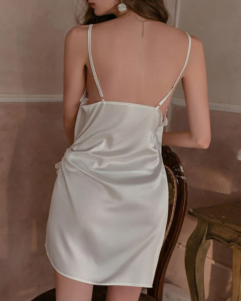 Sexy Ice Silk Satin Deep V Suspender Nightdress