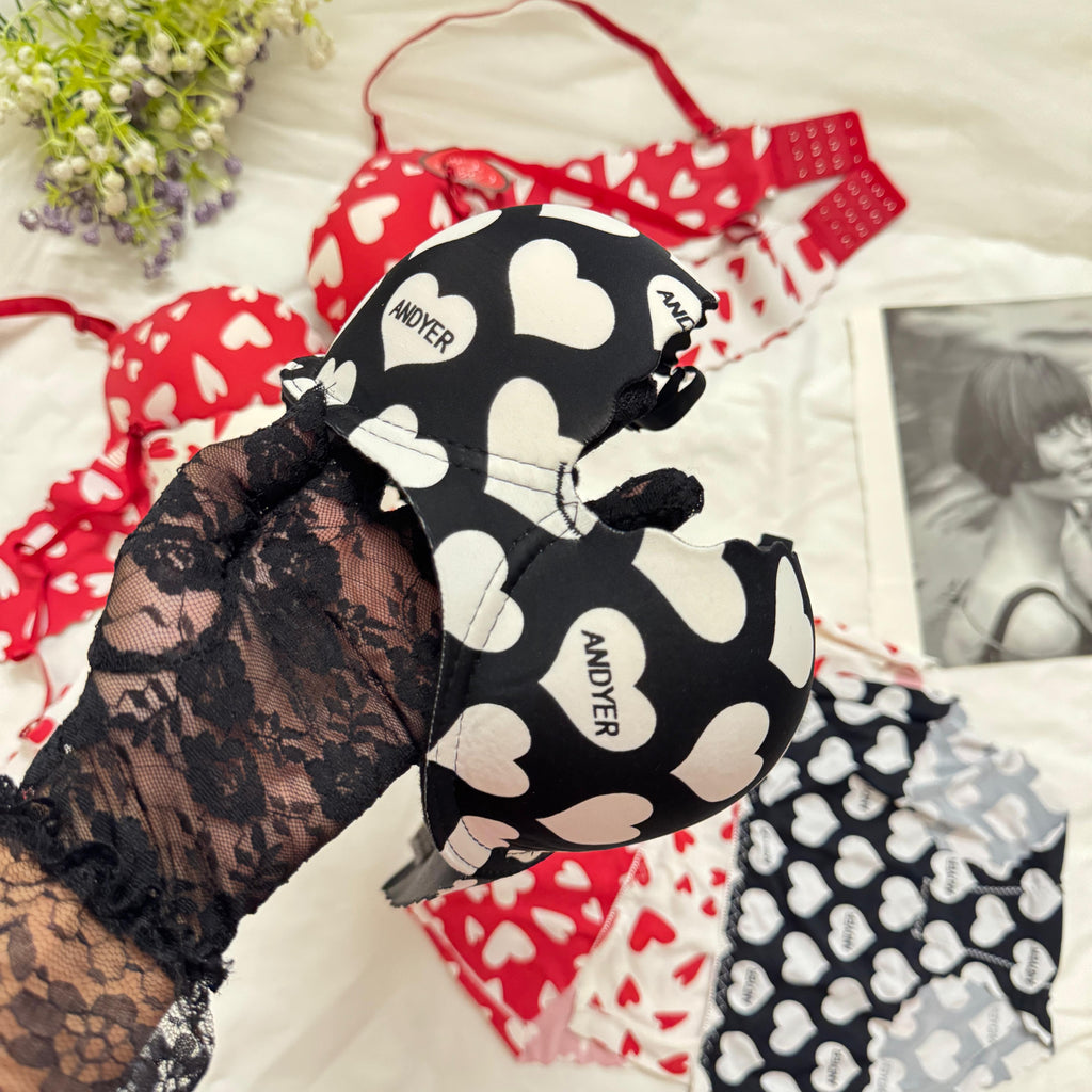 Heart Print Soft Bra Set♥️🤍🖤