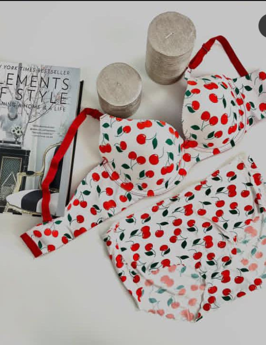 Women’s Cherry Print Padded Wired Bra Set with Seamless Panty