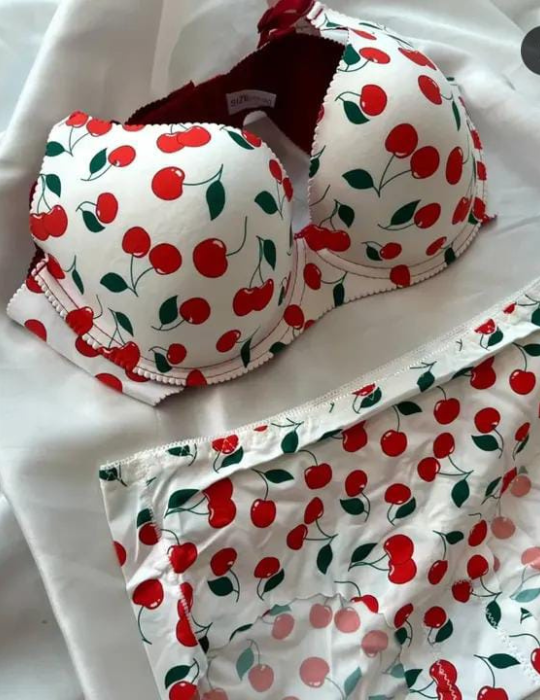 Women’s Cherry Print Padded Wired Bra Set with Seamless Panty