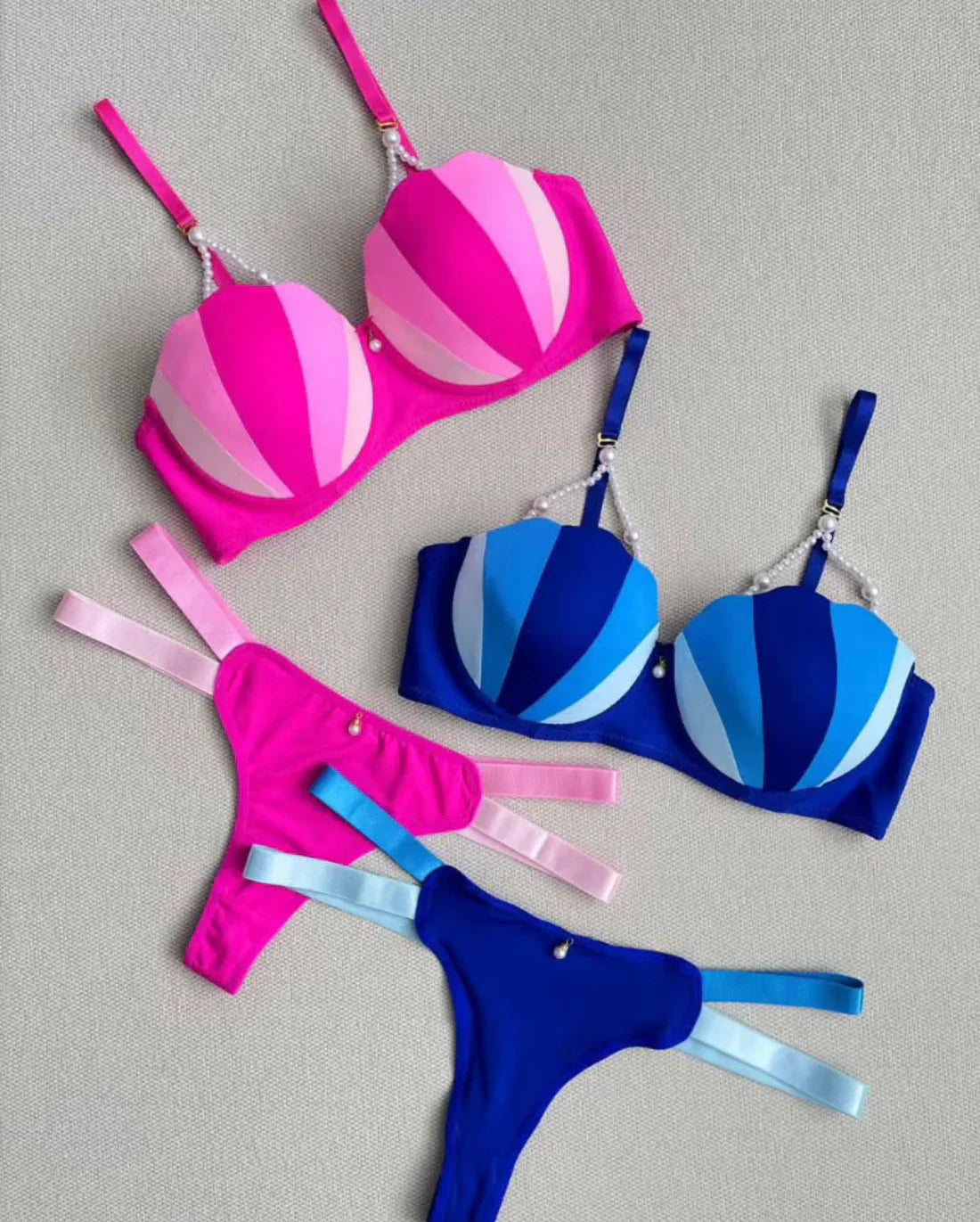 Intimate Fuchsia Striped Bra & Panty Set - Pearl Strap Lingerie