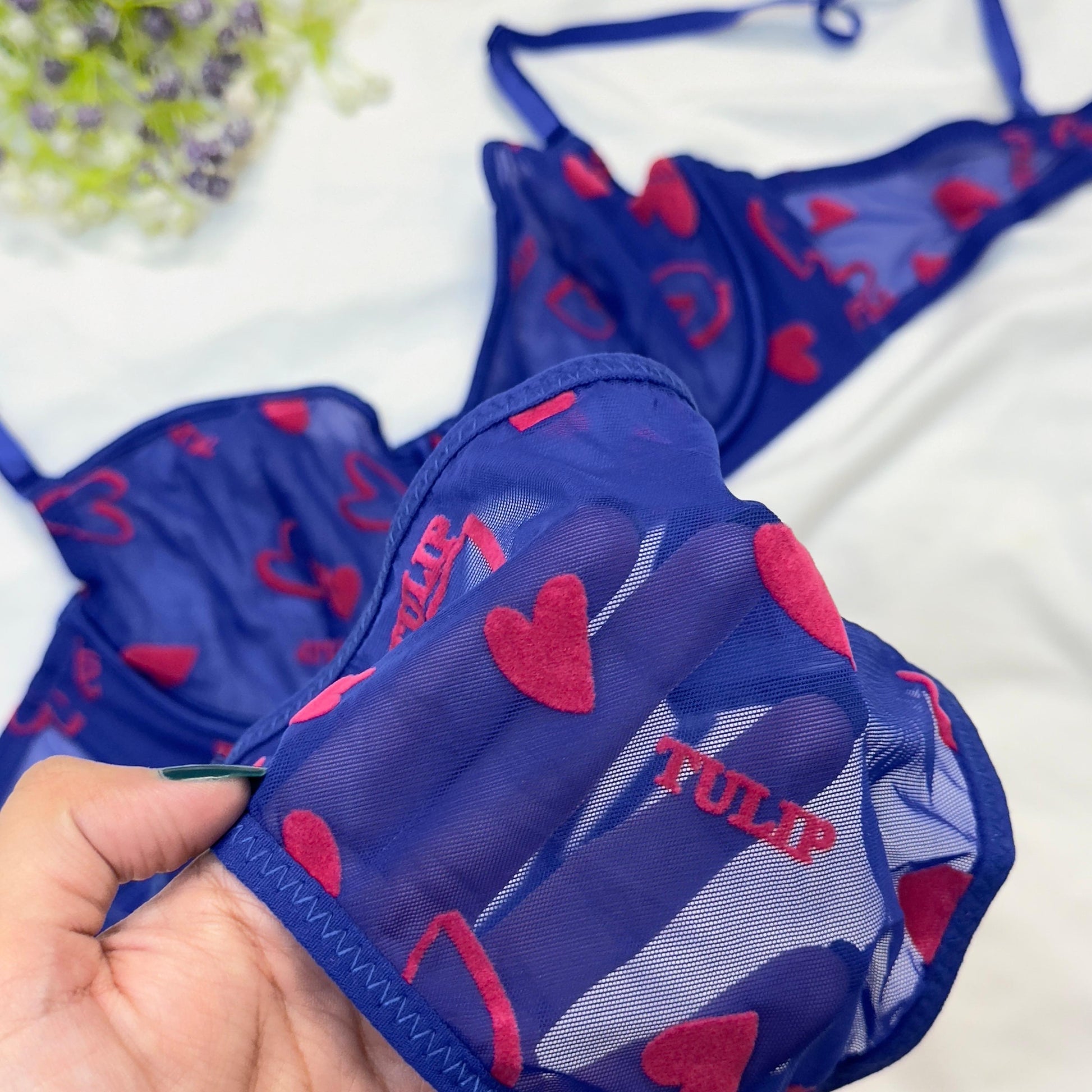 Tulip Net Love Print in Velvet Bra Set