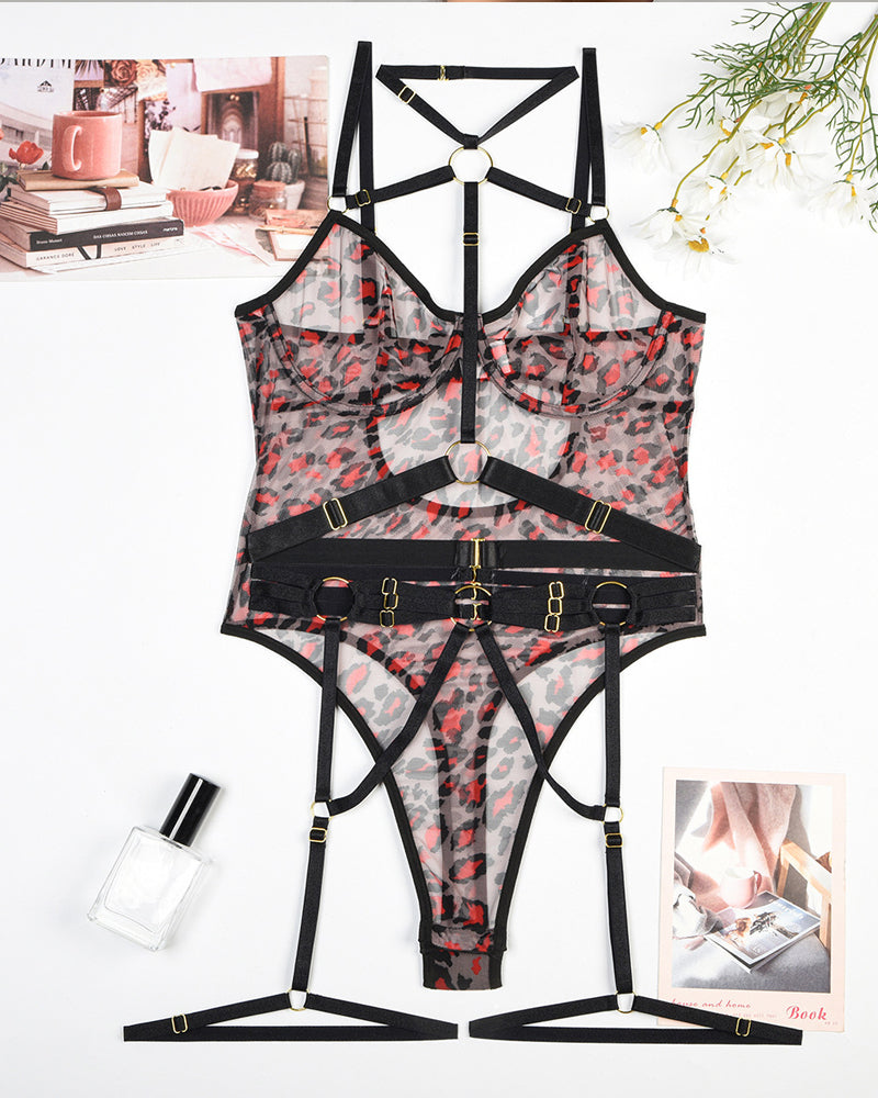 Leopard Print See-Through Mesh Bondage Sexy Underwire Bodysuit